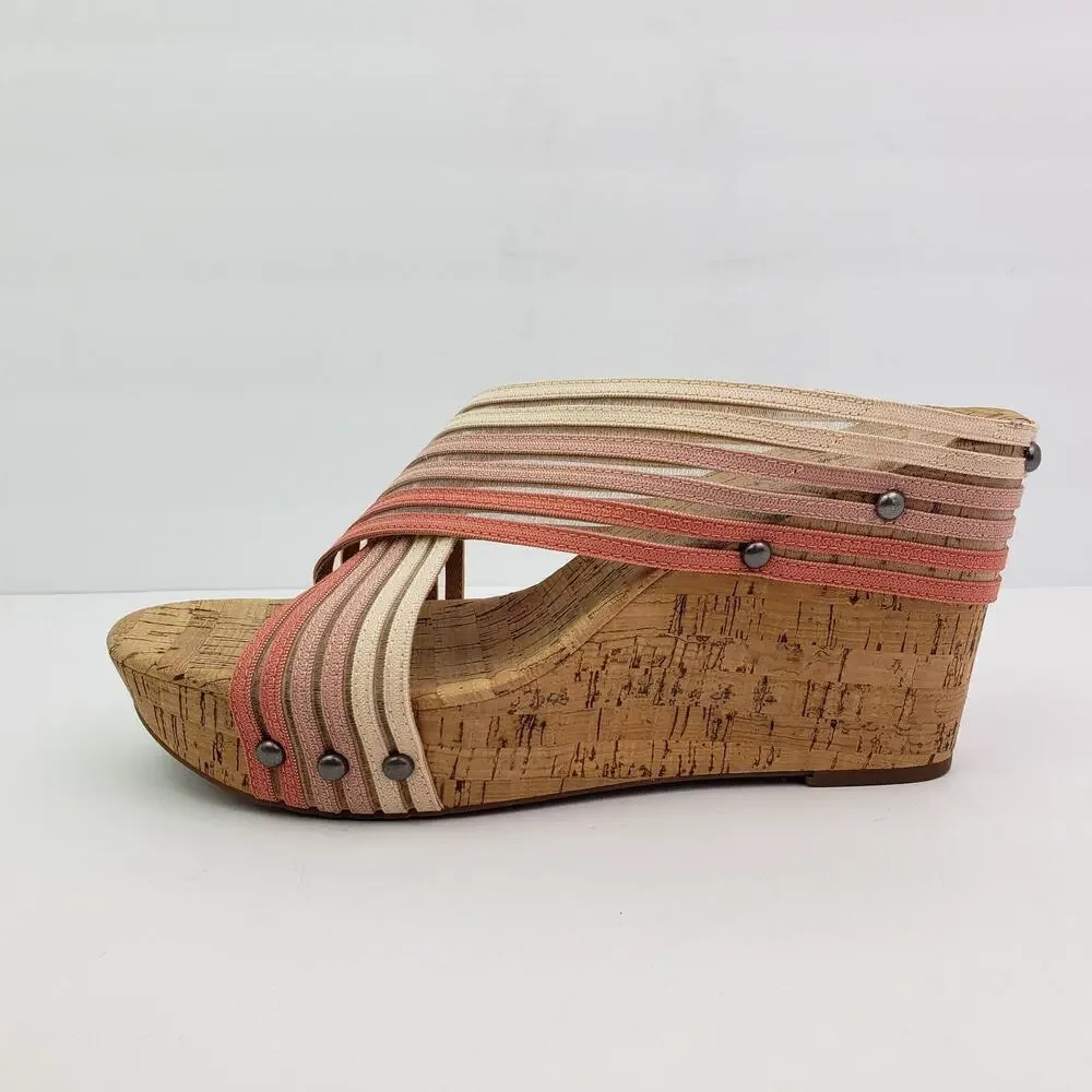Lucky Brand Mykayla Womens Size 9.5 Pink White Cork Slide Wedge Sandals
